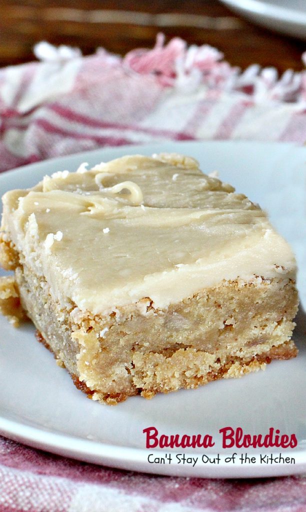Banana Blondies | Can't Stay Out of the Kitchen | these scrumptious #brownies are to die for! The #frosting is fabulous. #bananas #cookie #dessert