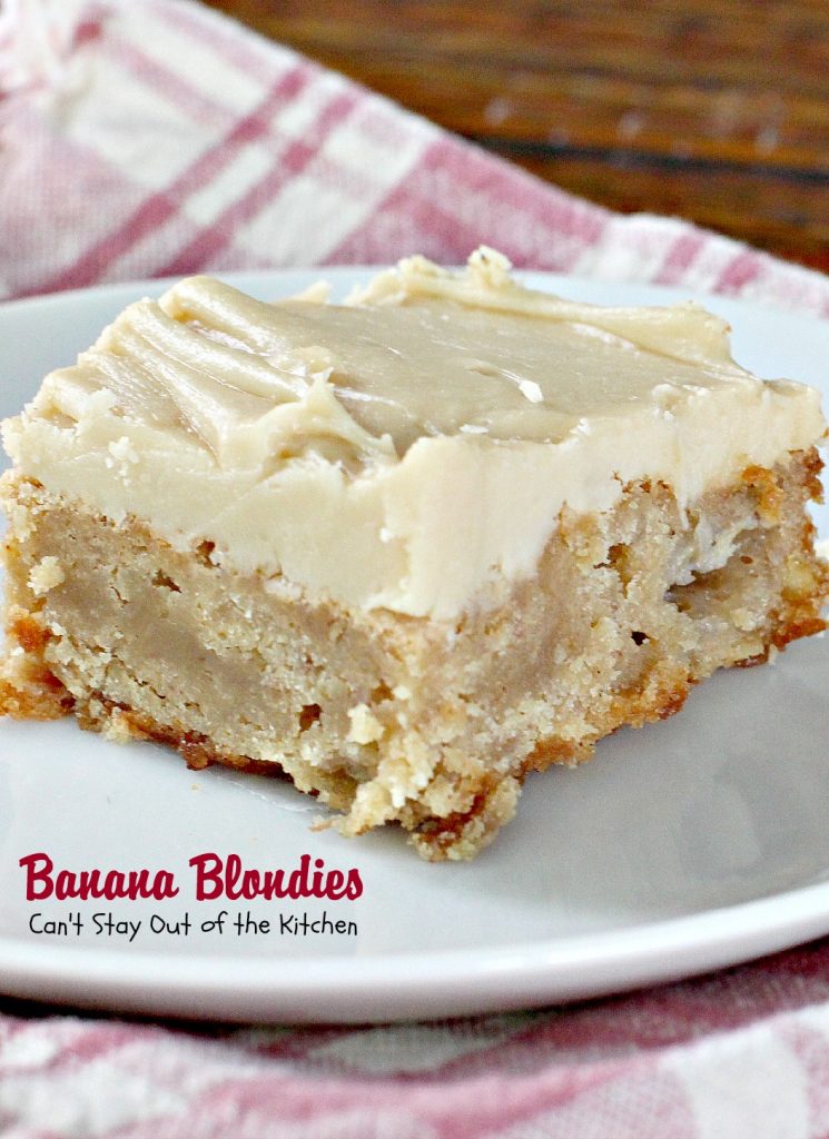 Banana Blondies | Can't Stay Out of the Kitchen | these scrumptious #brownies are to die for! The #frosting is fabulous. #bananas #cookie #dessert