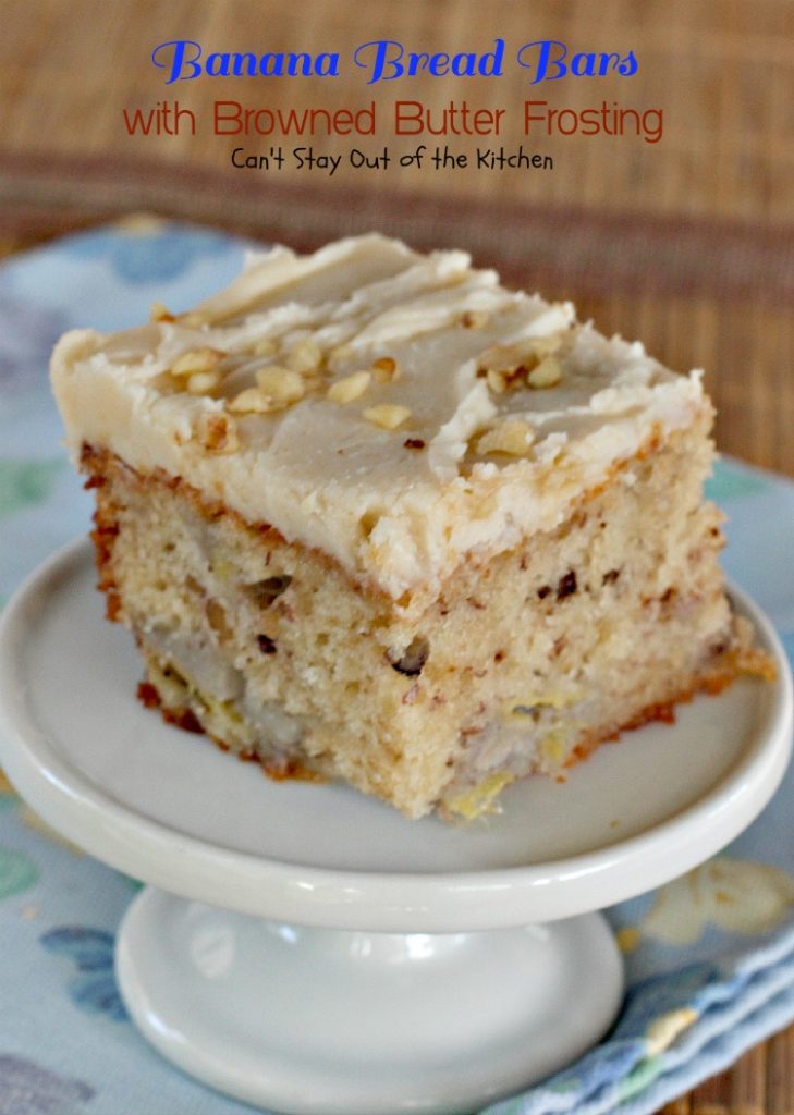 Banana Bread Bars with Browned Butter Frosting | Can't Stay Out of the Kitchen | these delicious #brownies are great for summer #holiday fun. The browned butter frosting is amazing. #bananas #dessert #cookie