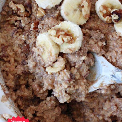 Banana Bread Overnight Oatmeal | Can't Stay Out of the Kitchen | get a dose of #BananaBread in every bite of this amazing #oatmeal. Steel-cut oats slow cook in the #crockpot overnight making them creamy & delicious. This #recipe includes #bananas, #dates #walnuts & #cinnamon. #Vegan #GlutenFree #SugarFree #SlowCooker #healthy #breakfast #HolidayBreakfast #OvernightOatmeal #HealthyBreakfast #BananaBreadOvernightOatmeal