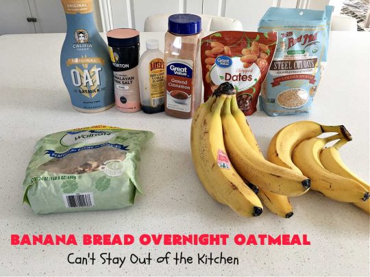 Banana Bread Overnight Oatmeal | Can't Stay Out of the Kitchen | get a dose of #BananaBread in every bite of this amazing #oatmeal. Steel-cut oats slow cook in the #crockpot overnight making them creamy & delicious. This #recipe includes #bananas, #dates #walnuts & #cinnamon. #Vegan #GlutenFree #SugarFree #SlowCooker #healthy #breakfast #HolidayBreakfast #OvernightOatmeal #HealthyBreakfast #BananaBreadOvernightOatmeal