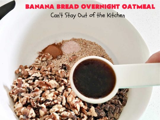 Banana Bread Overnight Oatmeal | Can't Stay Out of the Kitchen | get a dose of #BananaBread in every bite of this amazing #oatmeal. Steel-cut oats slow cook in the #crockpot overnight making them creamy & delicious. This #recipe includes #bananas, #dates #walnuts & #cinnamon. #Vegan #GlutenFree #SugarFree #SlowCooker #healthy #breakfast #HolidayBreakfast #OvernightOatmeal #HealthyBreakfast #BananaBreadOvernightOatmeal