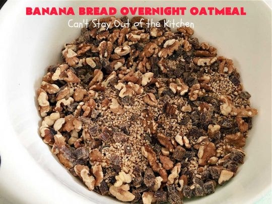 Banana Bread Overnight Oatmeal | Can't Stay Out of the Kitchen | get a dose of #BananaBread in every bite of this amazing #oatmeal. Steel-cut oats slow cook in the #crockpot overnight making them creamy & delicious. This #recipe includes #bananas, #dates #walnuts & #cinnamon. #Vegan #GlutenFree #SugarFree #SlowCooker #healthy #breakfast #HolidayBreakfast #OvernightOatmeal #HealthyBreakfast #BananaBreadOvernightOatmeal