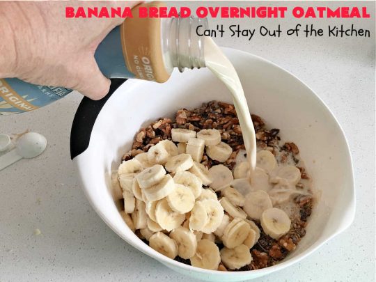 Banana Bread Overnight Oatmeal | Can't Stay Out of the Kitchen | get a dose of #BananaBread in every bite of this amazing #oatmeal. Steel-cut oats slow cook in the #crockpot overnight making them creamy & delicious. This #recipe includes #bananas, #dates #walnuts & #cinnamon. #Vegan #GlutenFree #SugarFree #SlowCooker #healthy #breakfast #HolidayBreakfast #OvernightOatmeal #HealthyBreakfast #BananaBreadOvernightOatmeal