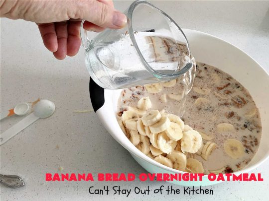 Banana Bread Overnight Oatmeal | Can't Stay Out of the Kitchen | get a dose of #BananaBread in every bite of this amazing #oatmeal. Steel-cut oats slow cook in the #crockpot overnight making them creamy & delicious. This #recipe includes #bananas, #dates #walnuts & #cinnamon. #Vegan #GlutenFree #SugarFree #SlowCooker #healthy #breakfast #HolidayBreakfast #OvernightOatmeal #HealthyBreakfast #BananaBreadOvernightOatmeal