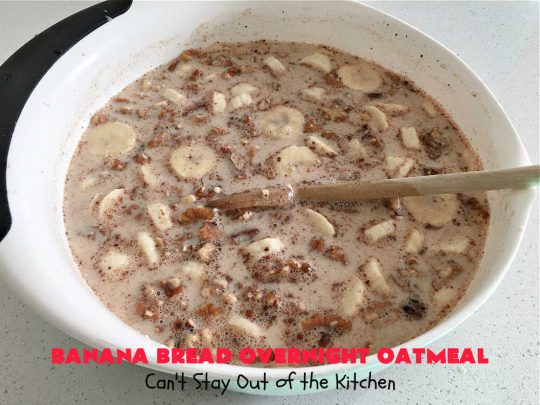 Banana Bread Overnight Oatmeal | Can't Stay Out of the Kitchen | get a dose of #BananaBread in every bite of this amazing #oatmeal. Steel-cut oats slow cook in the #crockpot overnight making them creamy & delicious. This #recipe includes #bananas, #dates #walnuts & #cinnamon. #Vegan #GlutenFree #SugarFree #SlowCooker #healthy #breakfast #HolidayBreakfast #OvernightOatmeal #HealthyBreakfast #BananaBreadOvernightOatmeal