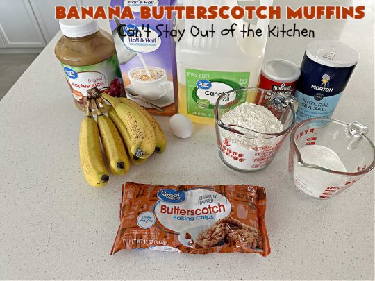 Banana Butterscotch Muffins | Can't Stay Out of the Kitchen | these luscious #muffins include #bananas, #applesauce & #ButterscotchChips. They are full of flavor & have a delightful fluffy texture. Great for a weekend, company or #holiday #breakfast or #brunch, #tailgating parties or #snacks throughout the day! #BananaButterscotchMuffins