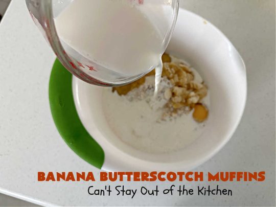 Banana Butterscotch Muffins | Can't Stay Out of the Kitchen | these luscious #muffins include #bananas, #applesauce & #ButterscotchChips. They are full of flavor & have a delightful fluffy texture. Great for a weekend, company or #holiday #breakfast or #brunch, #tailgating parties or #snacks throughout the day! #BananaButterscotchMuffins