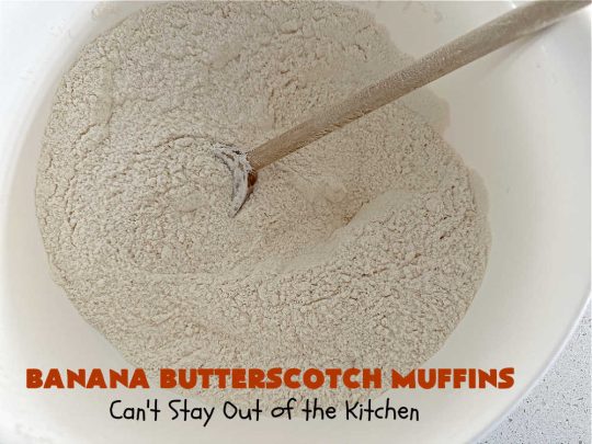 Banana Butterscotch Muffins | Can't Stay Out of the Kitchen | these luscious #muffins include #bananas, #applesauce & #ButterscotchChips. They are full of flavor & have a delightful fluffy texture. Great for a weekend, company or #holiday #breakfast or #brunch, #tailgating parties or #snacks throughout the day! #BananaButterscotchMuffins