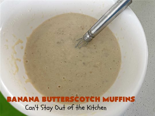 Banana Butterscotch Muffins | Can't Stay Out of the Kitchen | these luscious #muffins include #bananas, #applesauce & #ButterscotchChips. They are full of flavor & have a delightful fluffy texture. Great for a weekend, company or #holiday #breakfast or #brunch, #tailgating parties or #snacks throughout the day! #BananaButterscotchMuffins