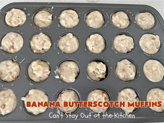 Banana Butterscotch Muffins | Can't Stay Out of the Kitchen | these luscious #muffins include #bananas, #applesauce & #ButterscotchChips. They are full of flavor & have a delightful fluffy texture. Great for a weekend, company or #holiday #breakfast or #brunch, #tailgating parties or #snacks throughout the day! #BananaButterscotchMuffins