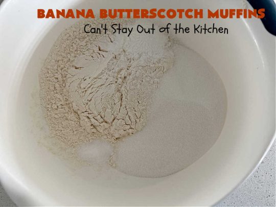Banana Butterscotch Muffins | Can't Stay Out of the Kitchen | these luscious #muffins include #bananas, #applesauce & #ButterscotchChips. They are full of flavor & have a delightful fluffy texture. Great for a weekend, company or #holiday #breakfast or #brunch, #tailgating parties or #snacks throughout the day! #BananaButterscotchMuffins
