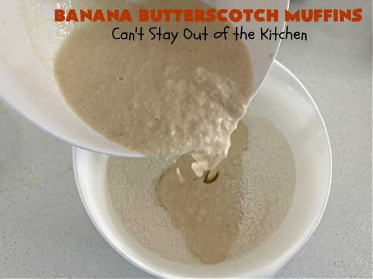 Banana Butterscotch Muffins | Can't Stay Out of the Kitchen | these luscious #muffins include #bananas, #applesauce & #ButterscotchChips. They are full of flavor & have a delightful fluffy texture. Great for a weekend, company or #holiday #breakfast or #brunch, #tailgating parties or #snacks throughout the day! #BananaButterscotchMuffins