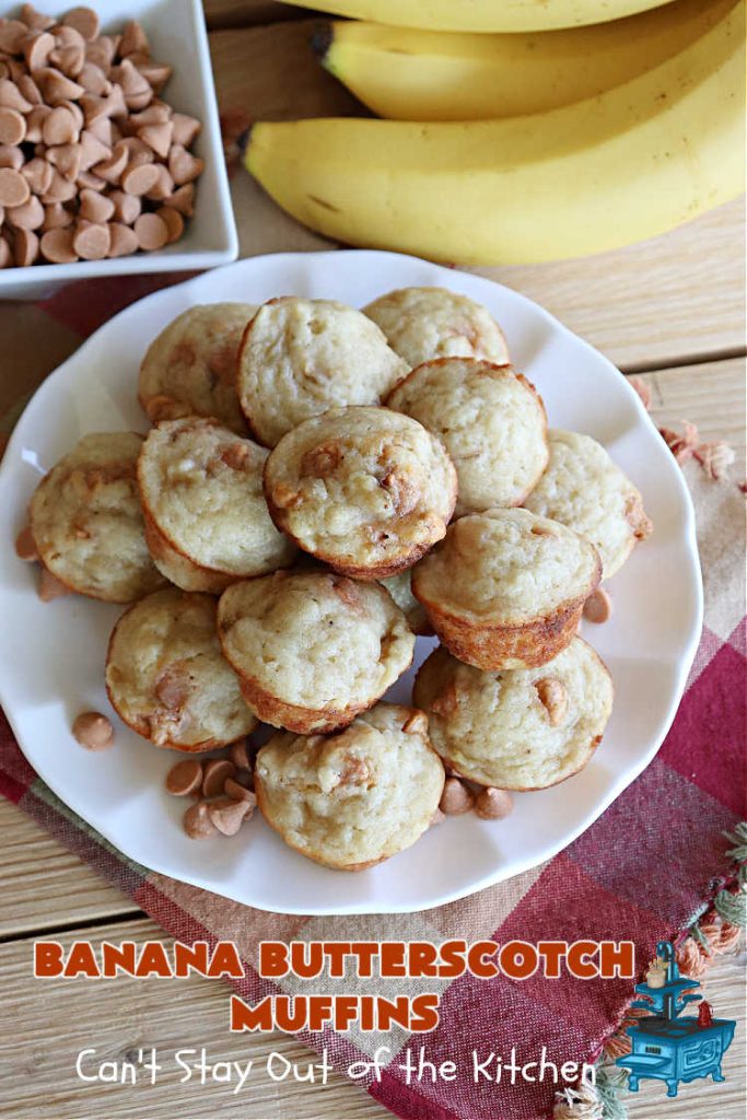 Banana Butterscotch Muffins | Can't Stay Out of the Kitchen | these luscious #muffins include #bananas, #applesauce & #ButterscotchChips. They are full of flavor & have a delightful fluffy texture. Great for a weekend, company or #holiday #breakfast or #brunch, #tailgating parties or #snacks throughout the day! #BananaButterscotchMuffins