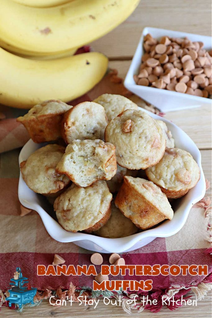 Banana Butterscotch Muffins | Can't Stay Out of the Kitchen | these luscious #muffins include #bananas, #applesauce & #ButterscotchChips. They are full of flavor & have a delightful fluffy texture. Great for a weekend, company or #holiday #breakfast or #brunch, #tailgating parties or #snacks throughout the day! #BananaButterscotchMuffins