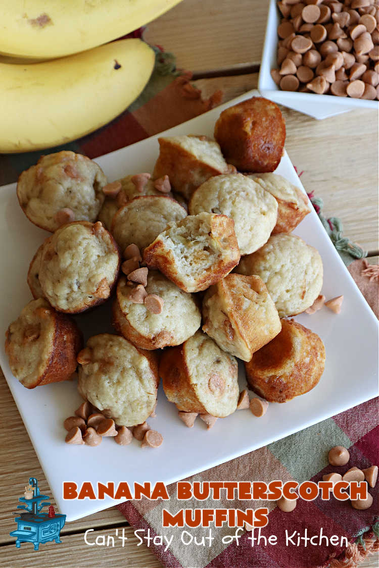 Banana Butterscotch Muffins | Can't Stay Out of the Kitchen | these luscious #muffins include #bananas, #applesauce & #ButterscotchChips. They are full of flavor & have a delightful fluffy texture. Great for a weekend, company or #holiday #breakfast or #brunch, #tailgating parties or #snacks throughout the day! #BananaButterscotchMuffins