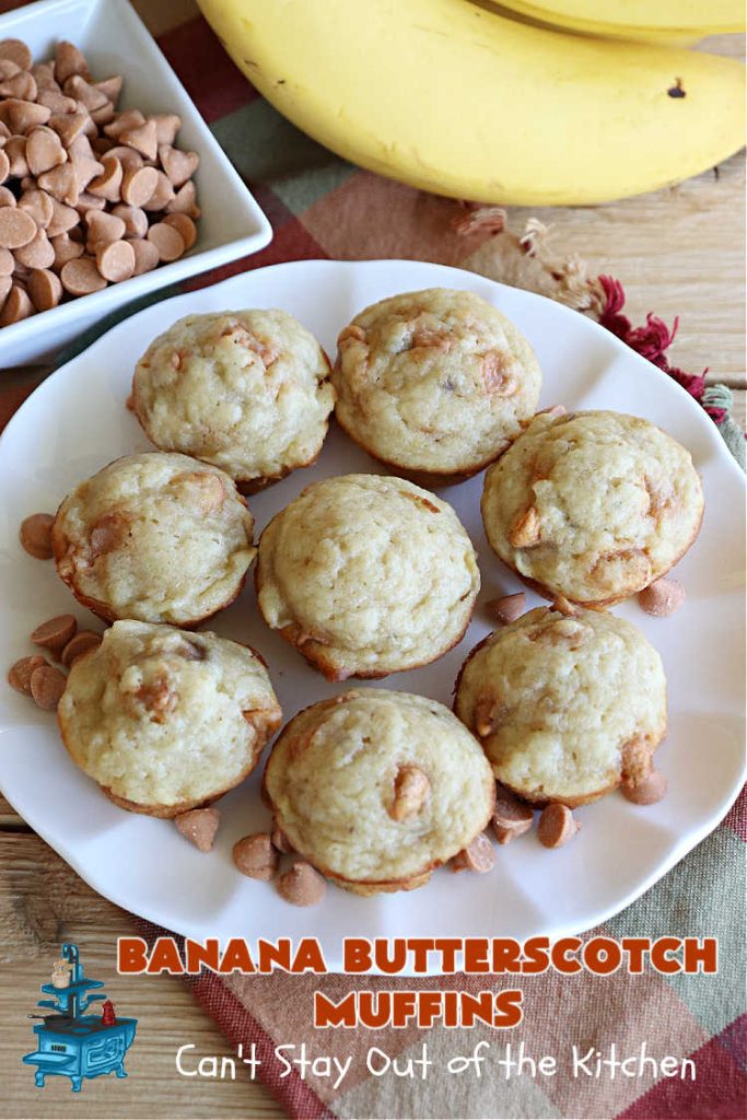 Banana Butterscotch Muffins | Can't Stay Out of the Kitchen | these luscious #muffins include #bananas, #applesauce & #ButterscotchChips. They are full of flavor & have a delightful fluffy texture. Great for a weekend, company or #holiday #breakfast or #brunch, #tailgating parties or #snacks throughout the day! #BananaButterscotchMuffins