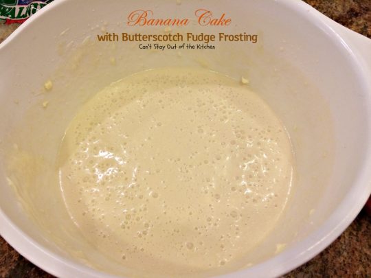 Banana Cake with Butterscotch Fudge Frosting | Can't Stay Out of the Kitchen | this scrumptious #banana #cake is drizzled with a luscious #butterscotch #fudge frosting to die for! #dessert