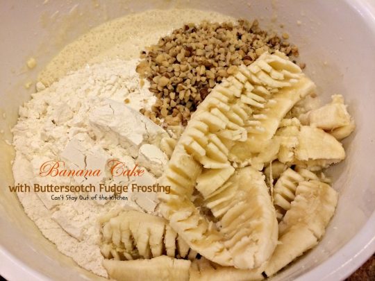 Banana Cake with Butterscotch Fudge Frosting | Can't Stay Out of the Kitchen | this scrumptious #banana #cake is drizzled with a luscious #butterscotch #fudge frosting to die for! #dessert