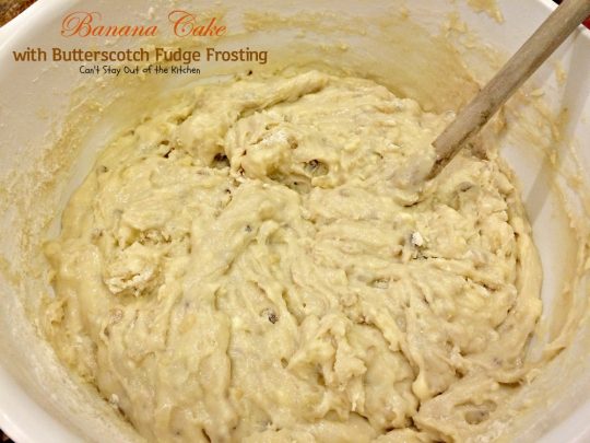 Banana Cake with Butterscotch Fudge Frosting | Can't Stay Out of the Kitchen | this scrumptious #banana #cake is drizzled with a luscious #butterscotch #fudge frosting to die for! #dessert