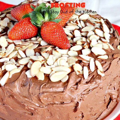 Banana Cake with Chocolate Marshmallow Frosting | Can't Stay Out of the Kitchen | this fantastic #cake is our favorite. It has a spectacular #chocolate & #marshmallow frosting to die for! Prepare to drool after the first bite! #dessert #bananas #almonds