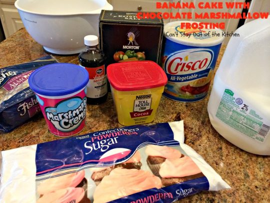 Banana Cake with Chocolate Marshmallow Frosting | Can't Stay Out of the Kitchen | this fantastic #cake is our favorite. It has a spectacular #chocolate & #marshmallow frosting to die for! Prepare to drool after the first bite! #dessert #bananas #almonds