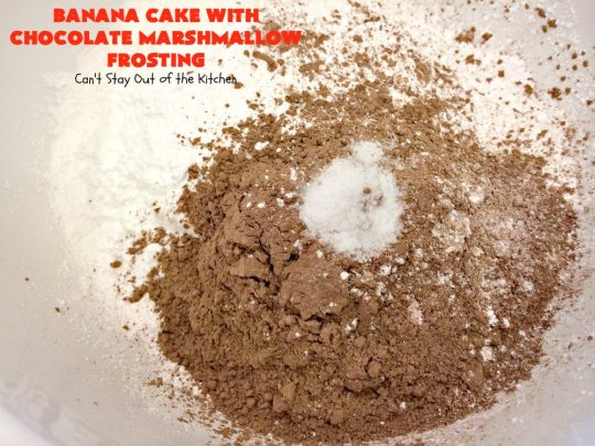 Banana Cake with Chocolate Marshmallow Frosting | Can't Stay Out of the Kitchen | this fantastic #cake is our favorite. It has a spectacular #chocolate & #marshmallow frosting to die for! Prepare to drool after the first bite! #dessert #bananas #almonds