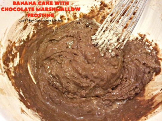 Banana Cake with Chocolate Marshmallow Frosting | Can't Stay Out of the Kitchen | this fantastic #cake is our favorite. It has a spectacular #chocolate & #marshmallow frosting to die for! Prepare to drool after the first bite! #dessert #bananas #almonds