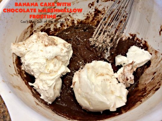 Banana Cake with Chocolate Marshmallow Frosting | Can't Stay Out of the Kitchen | this fantastic #cake is our favorite. It has a spectacular #chocolate & #marshmallow frosting to die for! Prepare to drool after the first bite! #dessert #bananas #almonds