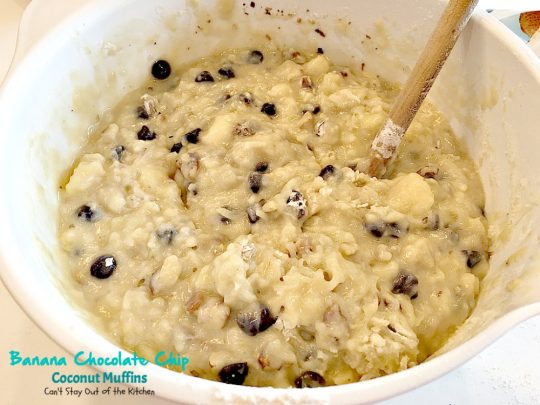 Banana Chocolate Chip Coconut Muffins | Can't Stay Out of the Kitchen | We adored these delectable #muffins filled with #bananas, #coconut #chocolatechips, #walnuts & almond flavoring. Great choice for a #holiday #breakfast.