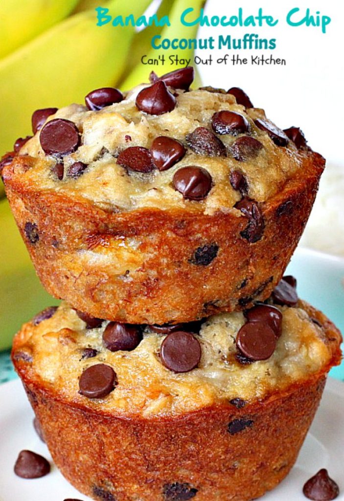 Banana Chocolate Chip Coconut Muffins | Can't Stay Out of the Kitchen | We adored these delectable #muffins filled with #bananas, #coconut #chocolatechips, #walnuts & almond flavoring. Great choice for a #holiday #breakfast.
