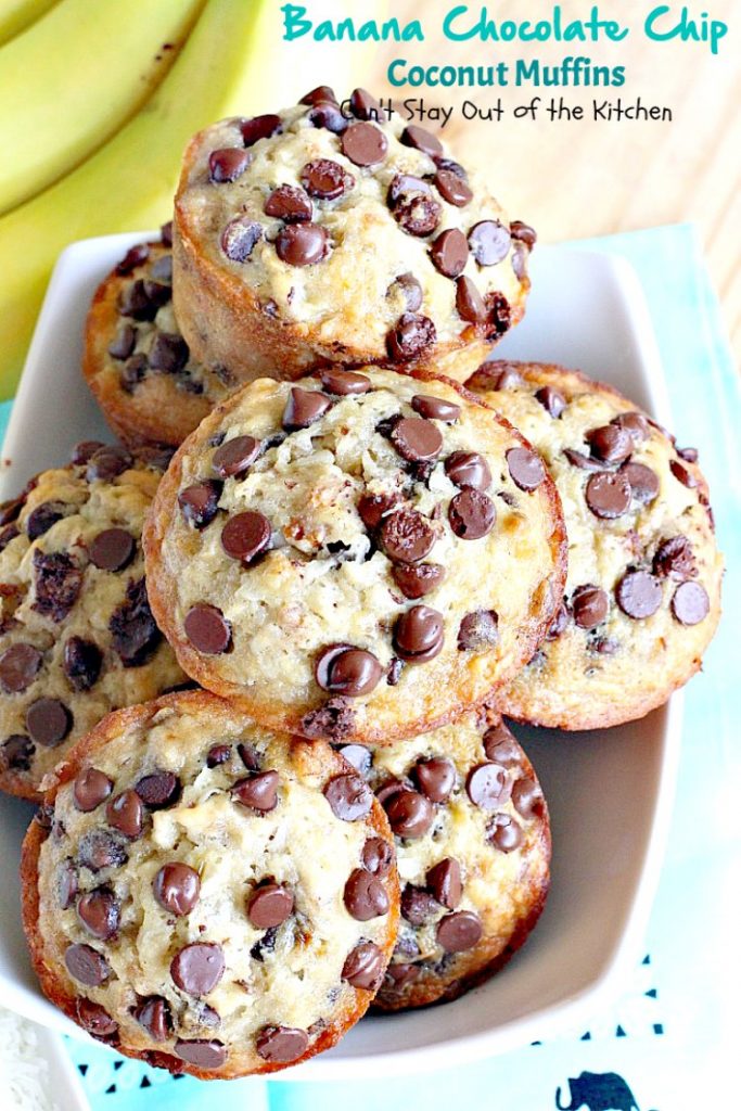 Banana Chocolate Chip Coconut Muffins | Can't Stay Out of the Kitchen | We adored these delectable #muffins filled with #bananas, #coconut #chocolatechips, #walnuts & almond flavoring. Great choice for a #holiday #breakfast.