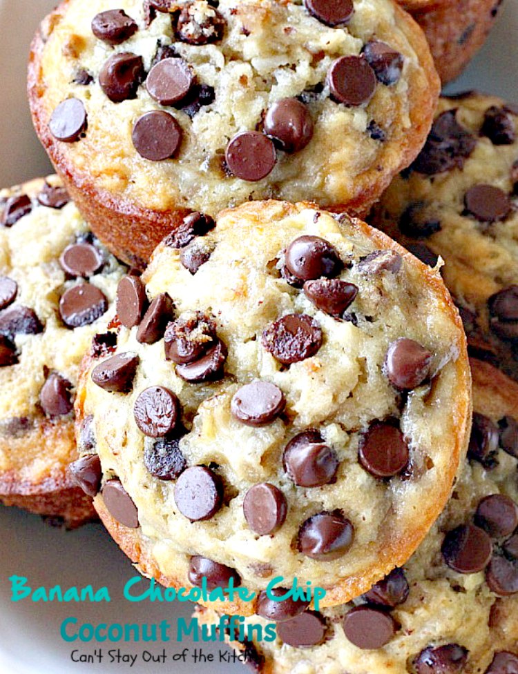 Banana Chocolate Chip Coconut Muffins | Can't Stay Out of the Kitchen | We adored these delectable #muffins filled with #bananas, #coconut #chocolatechips, #walnuts & almond flavoring. Great choice for a #holiday #breakfast.