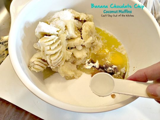 Banana Chocolate Chip Coconut Muffins | Can't Stay Out of the Kitchen | We adored these delectable #muffins filled with #bananas, #coconut #chocolatechips, #walnuts & almond flavoring. Great choice for a #holiday #breakfast.