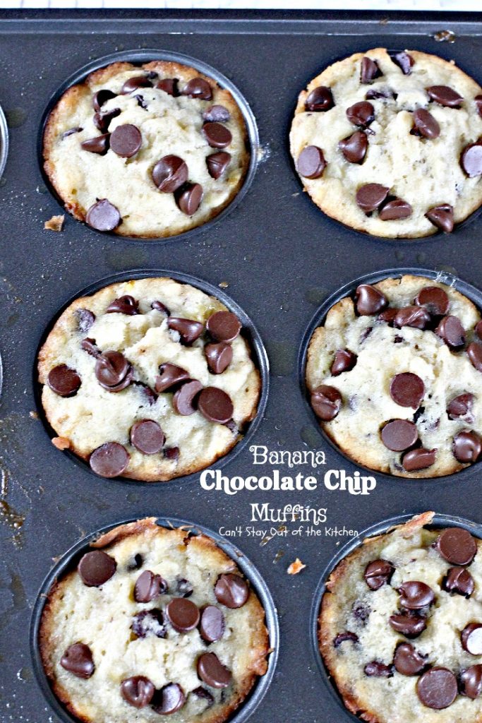 Banana Chocolate Chip Muffins | Can't Stay Out of the Kitchen | One bite of these #muffins will have you drooling! Great for #breakfast or #dessert! #bananas #chocolate #chocolatechips