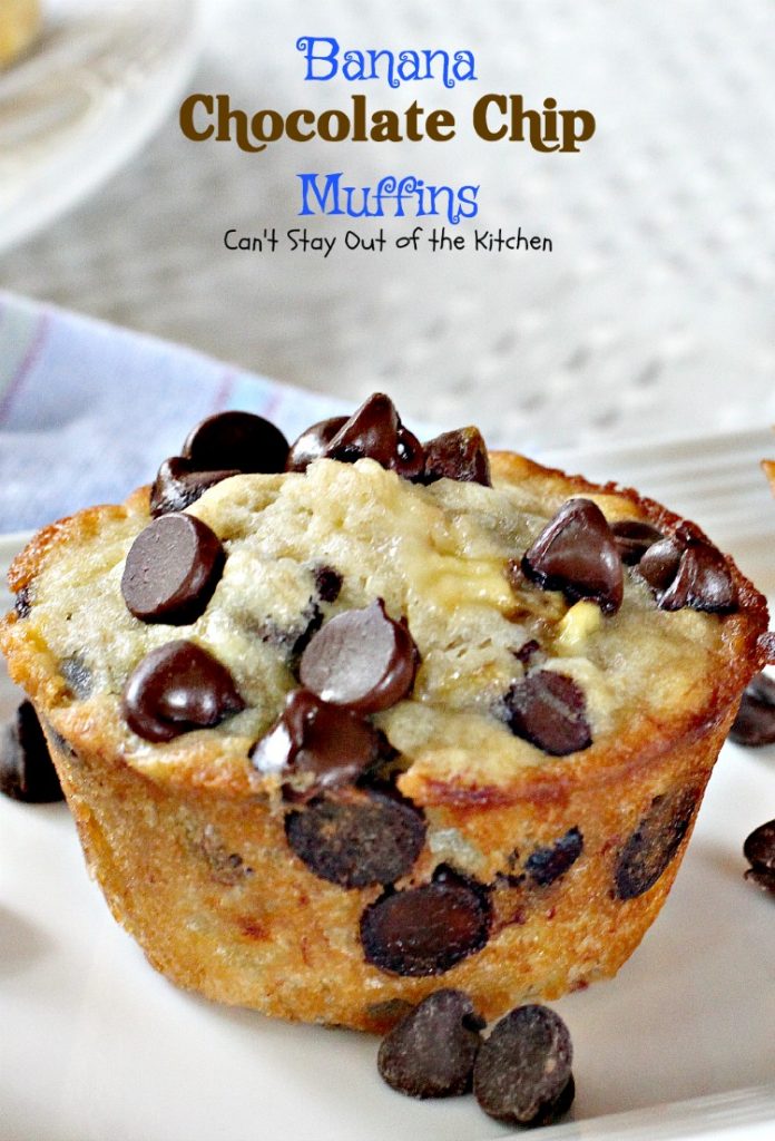 Banana Chocolate Chip Muffins | Can't Stay Out of the Kitchen | One bite of these #muffins will have you drooling! Great for #breakfast or #dessert! #bananas #chocolate #chocolatechips