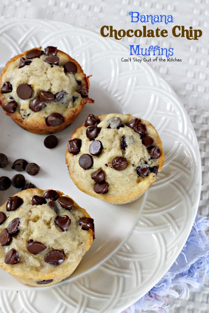 Banana Chocolate Chip Muffins | Can't Stay Out of the Kitchen | One bite of these #muffins will have you drooling! Great for #breakfast or #dessert! #bananas #chocolate #chocolatechips