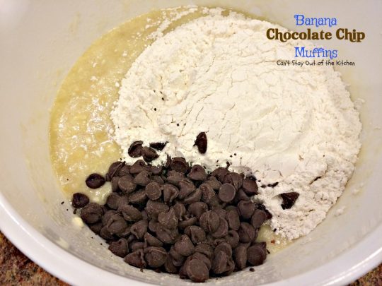 Banana Chocolate Chip Muffins | Can't Stay Out of the Kitchen | One bite of these #muffins will have you drooling! Great for #breakfast or #dessert! #bananas #chocolate #chocolatechips