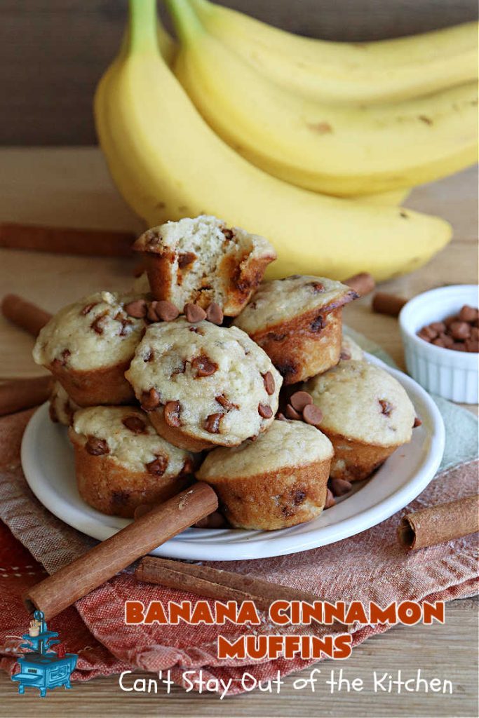 Banana Cinnamon Muffins | Can't Stay Out of the Kitchen | #Cinnamon flavor explodes in these lovely #muffins due to the addition of #CinnamonChips in the batter. They're sure to cure any sweet tooth craving although you may want seconds! #Applesauce & #bananas keep these #breakfast #muffins moist. Great choice for a weekday, company or #holiday #breakfast or #brunch. #BananaCinnamonMuffins