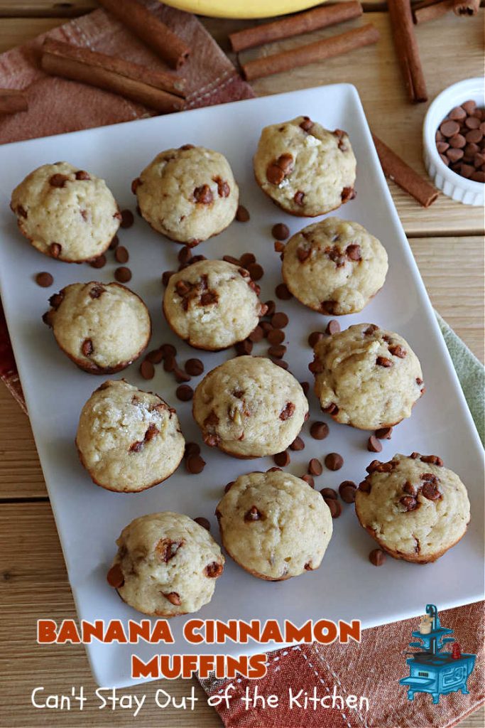 Banana Cinnamon Muffins | Can't Stay Out of the Kitchen | #Cinnamon flavor explodes in these lovely #muffins due to the addition of #CinnamonChips in the batter. They're sure to cure any sweet tooth craving although you may want seconds! #Applesauce & #bananas keep these #breakfast #muffins moist. Great choice for a weekday, company or #holiday #breakfast or #brunch. #BananaCinnamonMuffins