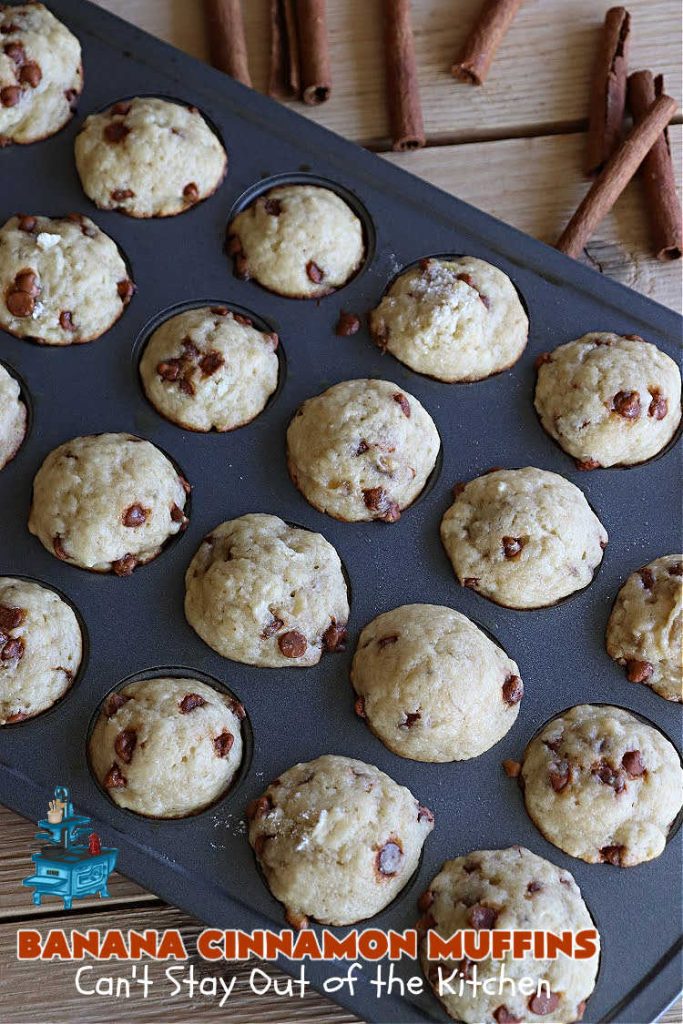 Banana Cinnamon Muffins | Can't Stay Out of the Kitchen | #Cinnamon flavor explodes in these lovely #muffins due to  the addition of #CinnamonChips in  the batter. They're sure to cure any sweet tooth craving although you may want seconds! #Applesauce & #bananas keep these #breakfast #muffins moist. Great choice for a weekday, company or #holiday #breakfast or #brunch. #BananaCinnamonMuffins