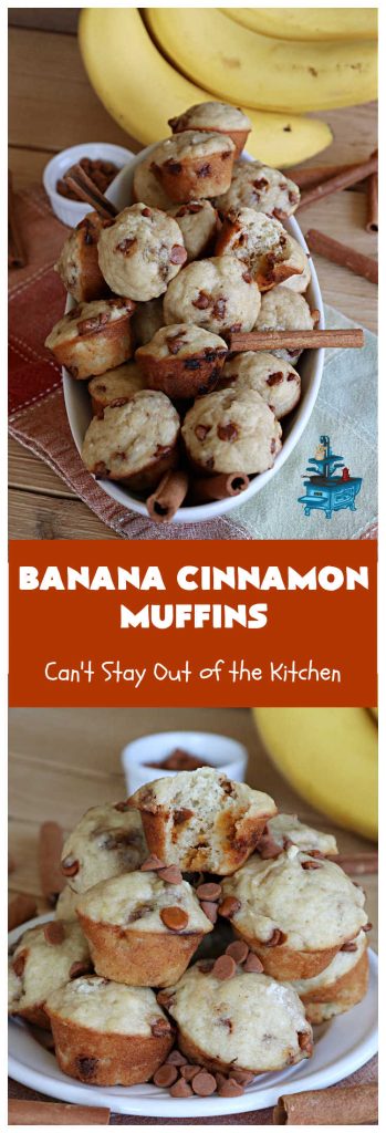Banana Cinnamon Muffins | Can't Stay Out of the Kitchen | #Cinnamon flavor explodes in these lovely #muffins due to the addition of #CinnamonChips in the batter. They're sure to cure any sweet tooth craving although you may want seconds! #Applesauce & #bananas keep these #breakfast #muffins moist. Great choice for a weekday, company or #holiday #breakfast or #brunch. #BananaCinnamonMuffins