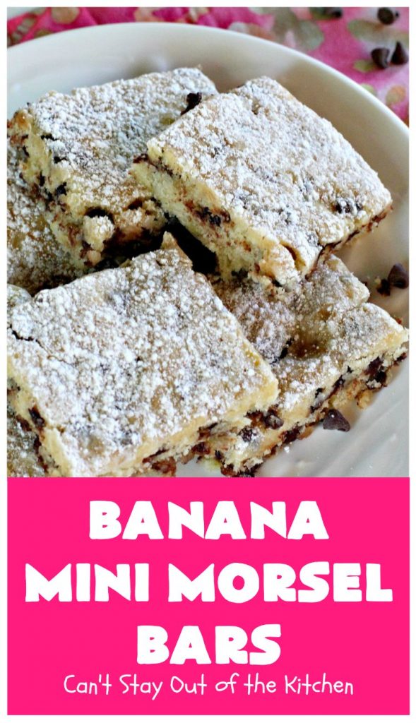 Banana Mini Morsel Bars | Can't Stay Out of the Kitchen | these lovely #cookies feature miniature #ChocolateChips & #bananas. They're so easy to whip up. Plus they're terrific for #tailgating parties, potlucks, backyard BBQs or anytime you need to whip up a quick #dessert. #BananaDessert #ChocolateDessert #chocolate #BananaMiniMorselBars