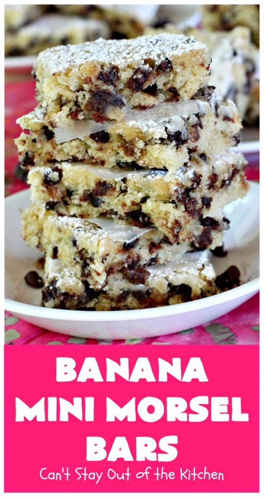Banana Mini Morsel Bars | Can't Stay Out of the Kitchen | these lovely #cookies feature miniature #ChocolateChips & #bananas. They're so easy to whip up. Plus they're terrific for #tailgating parties, potlucks, backyard BBQs or anytime you need to whip up a quick #dessert. #BananaDessert #ChocolateDessert #chocolate #BananaMiniMorselBars