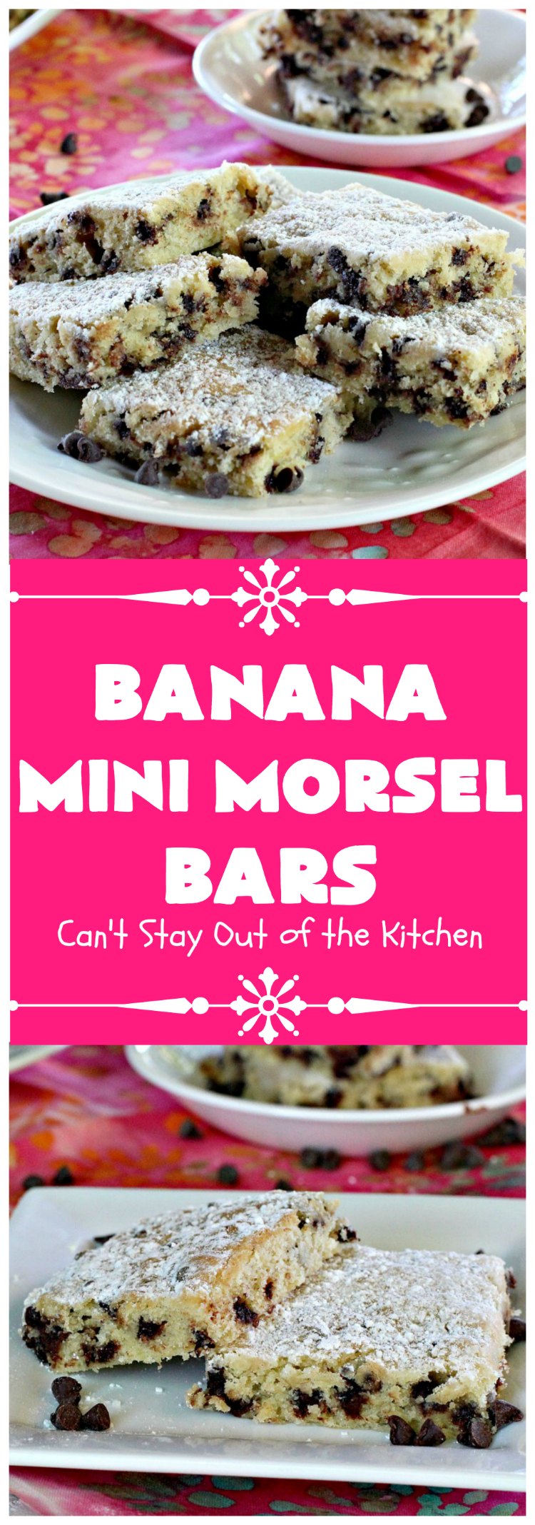 Banana Mini Morsel Bars | Can't Stay Out of the Kitchen | these lovely #cookies feature miniature #ChocolateChips & #bananas. They're so easy to whip up. Plus they're terrific for #tailgating parties, potlucks, backyard BBQs or anytime you need to whip up a quick #dessert. #BananaDessert #ChocolateDessert #chocolate #BananaMiniMorselBars