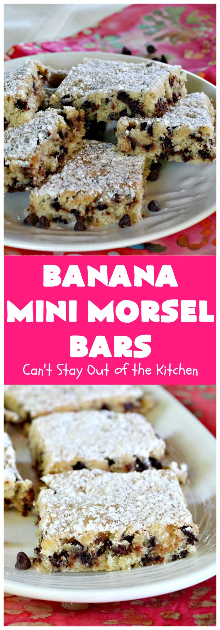 Banana Mini Morsel Bars | Can't Stay Out of the Kitchen | these lovely #cookies feature miniature #ChocolateChips & #bananas. They're so easy to whip up. Plus they're terrific for #tailgating parties, potlucks, backyard BBQs or anytime you need to whip up a quick #dessert. #BananaDessert #ChocolateDessert #chocolate #BananaMiniMorselBars