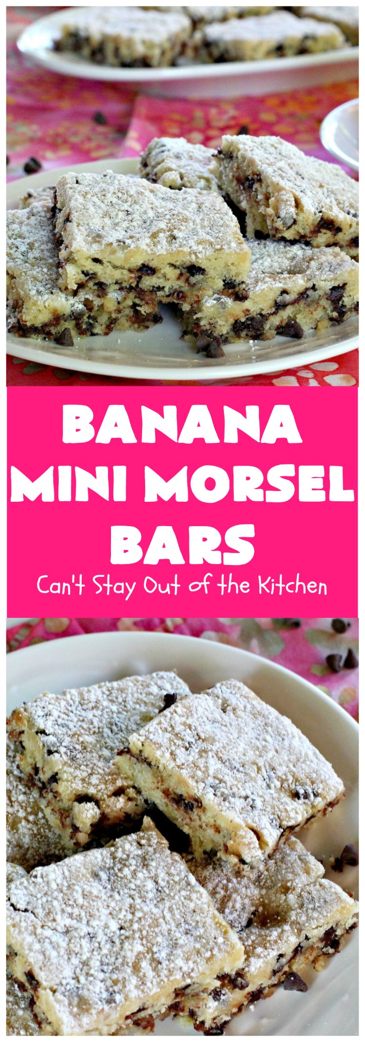 Banana Mini Morsel Bars | Can't Stay Out of the Kitchen | these lovely #cookies feature miniature #ChocolateChips & #bananas. They're so easy to whip up. Plus they're terrific for #tailgating parties, potlucks, backyard BBQs or anytime you need to whip up a quick #dessert. #BananaDessert #ChocolateDessert #chocolate #BananaMiniMorselBars