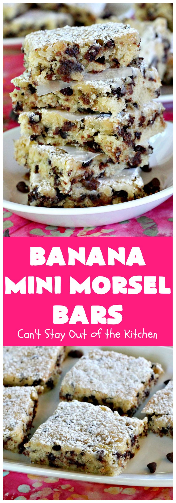 Banana Mini Morsel Bars | Can't Stay Out of the Kitchen | these lovely #cookies feature miniature #ChocolateChips & #bananas. They're so easy to whip up. Plus they're terrific for #tailgating parties, potlucks, backyard BBQs or anytime you need to whip up a quick #dessert. #BananaDessert #ChocolateDessert #chocolate #BananaMiniMorselBars