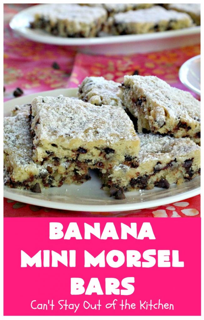 Banana Mini Morsel Bars | Can't Stay Out of the Kitchen | these lovely #cookies feature miniature #ChocolateChips & #bananas. They're so easy to whip up. Plus they're terrific for #tailgating parties, potlucks, backyard BBQs or anytime you need to whip up a quick #dessert. #BananaDessert #ChocolateDessert #chocolate #BananaMiniMorselBars