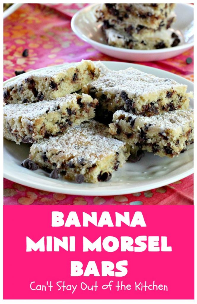Banana Mini Morsel Bars | Can't Stay Out of the Kitchen | these lovely #cookies feature miniature #ChocolateChips & #bananas. They're so easy to whip up. Plus they're terrific for #tailgating parties, potlucks, backyard BBQs or anytime you need to whip up a quick #dessert. #BananaDessert #ChocolateDessert #chocolate #BananaMiniMorselBars